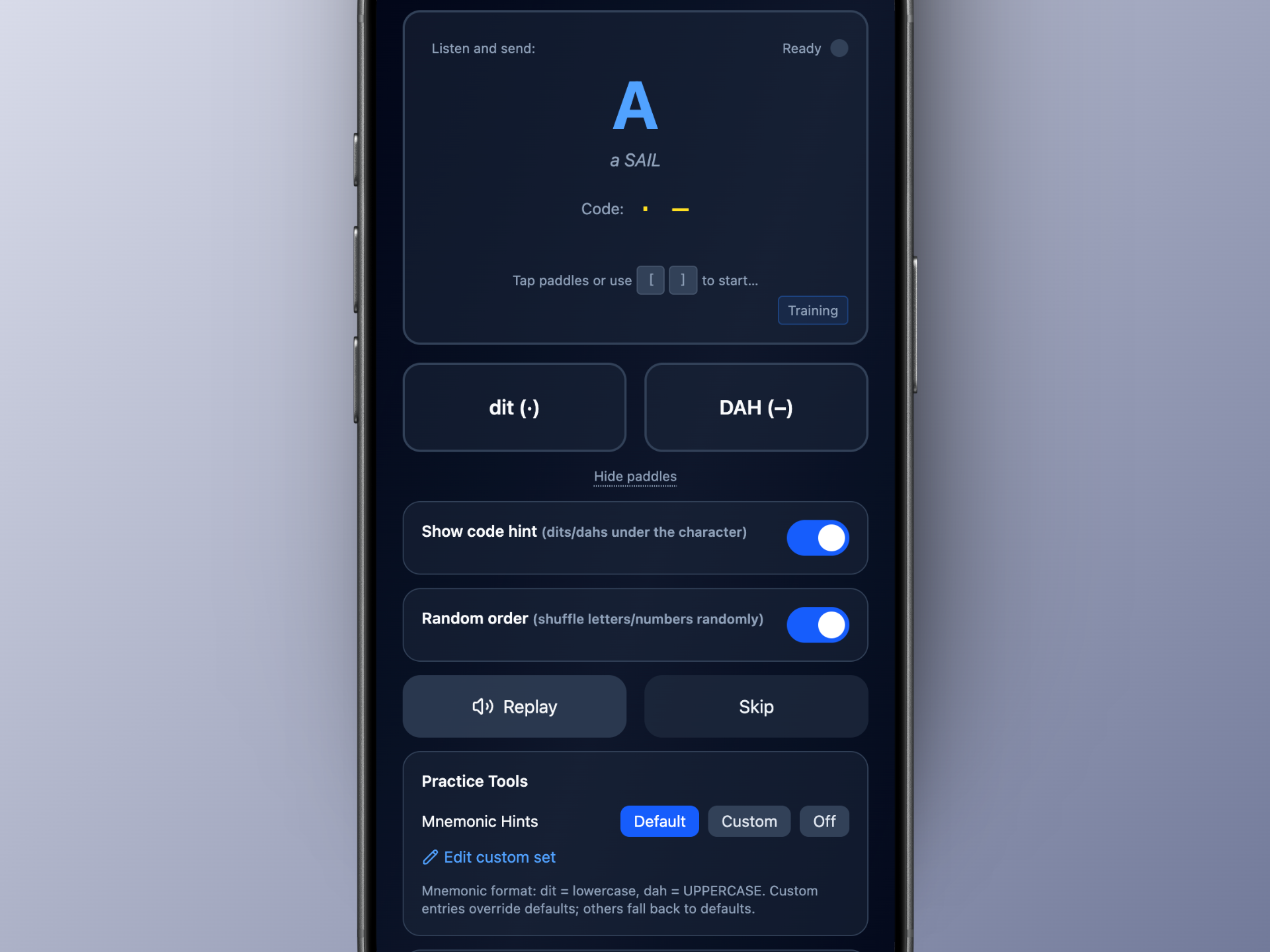 dit•DAHs practice screen on iPhone